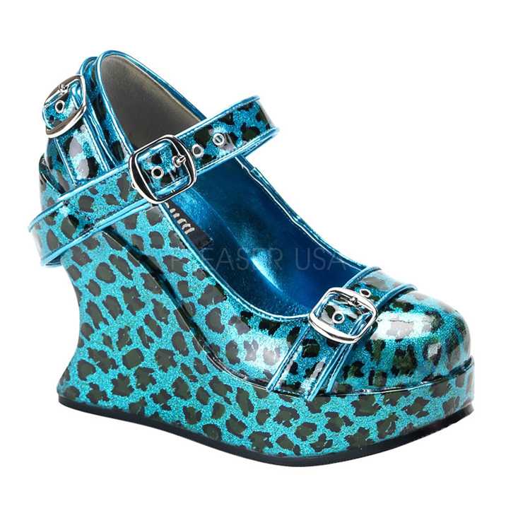Turquoise Cheetah Print Glitter Patent Wedges