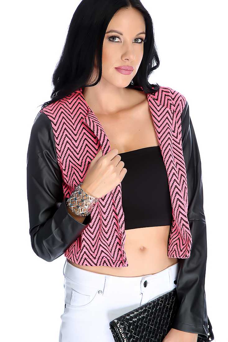 Neon Pink Chevron Pattern Open Front Blazer