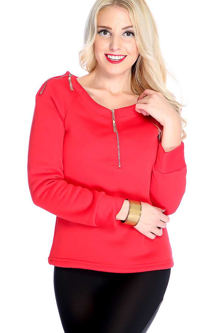 Red Tassel Zipper Shoulder Long Sleeve Sweater
