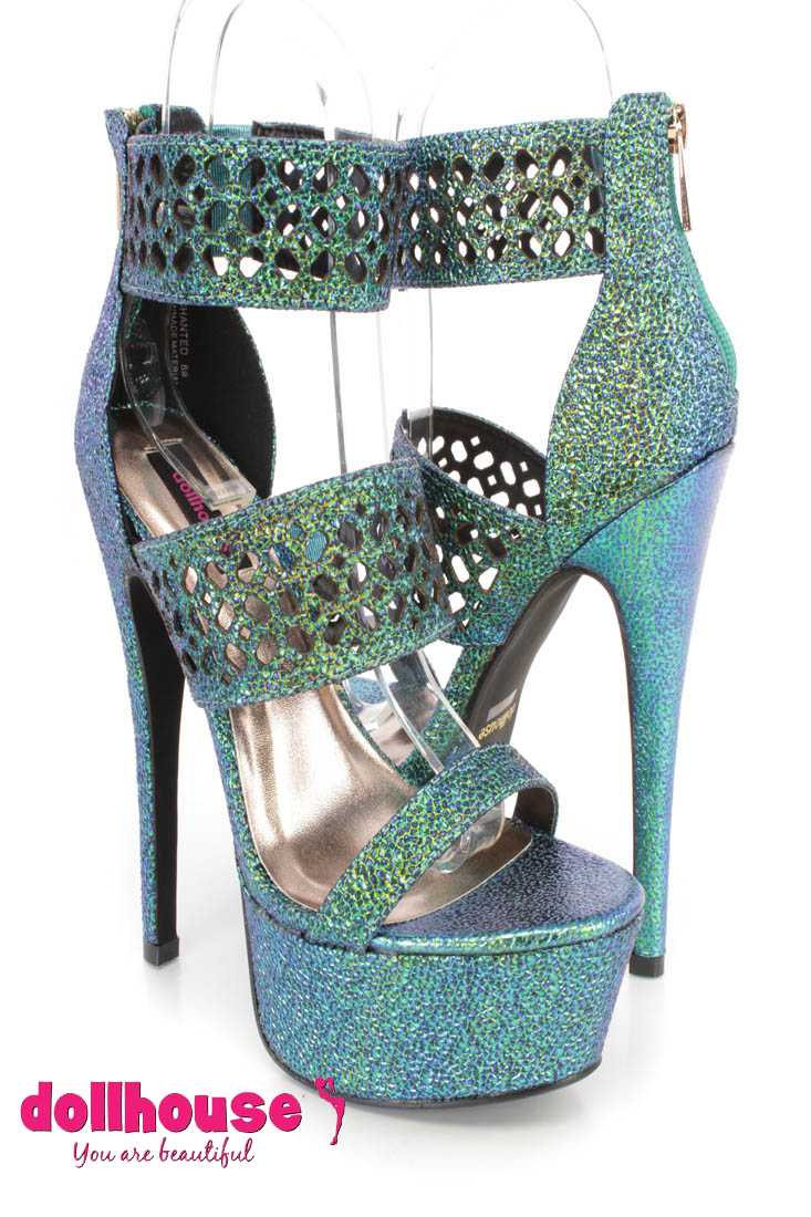 Green Perforated Strappy Platform 6 Inch High Heels Faux Leather