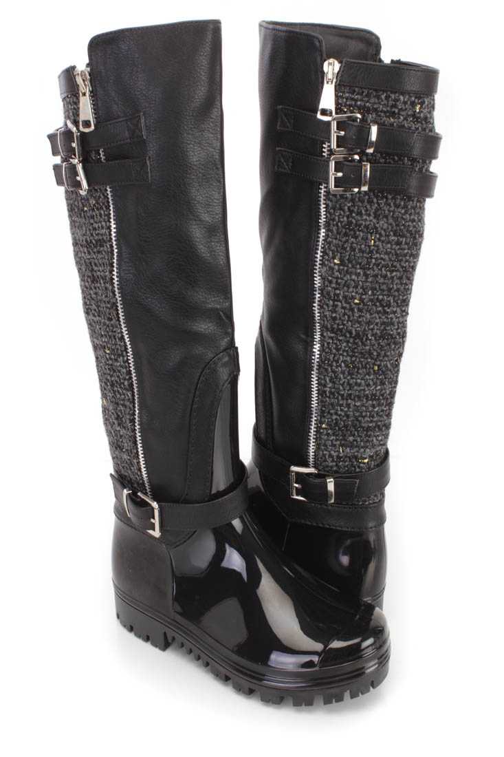 Black Strappy Rain Boots PVC Faux Leather Tweed
