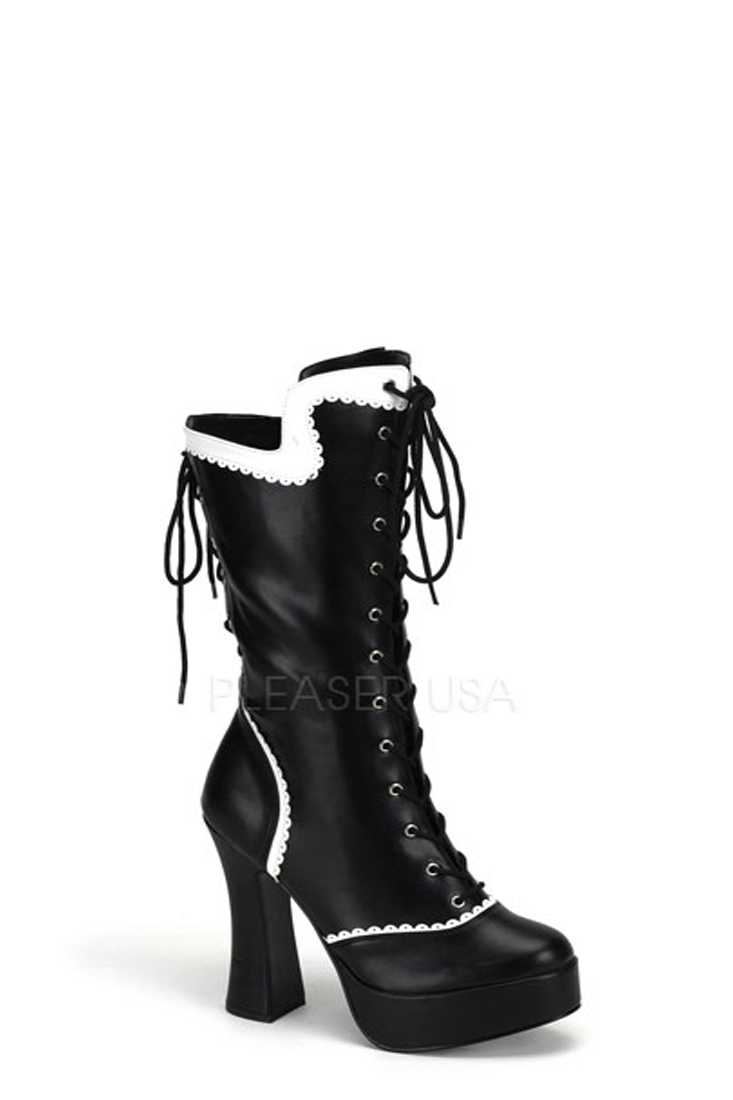 Black White Lace Up Chunky Platform Boots Faux Leather
