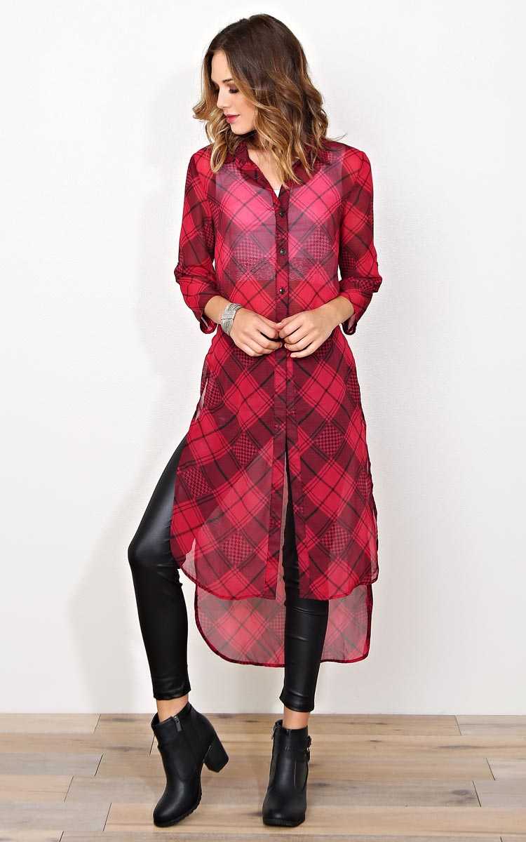 Own It Tartan Longline Tunic - MED - Wine Combo in Size Medium by Styles For Less