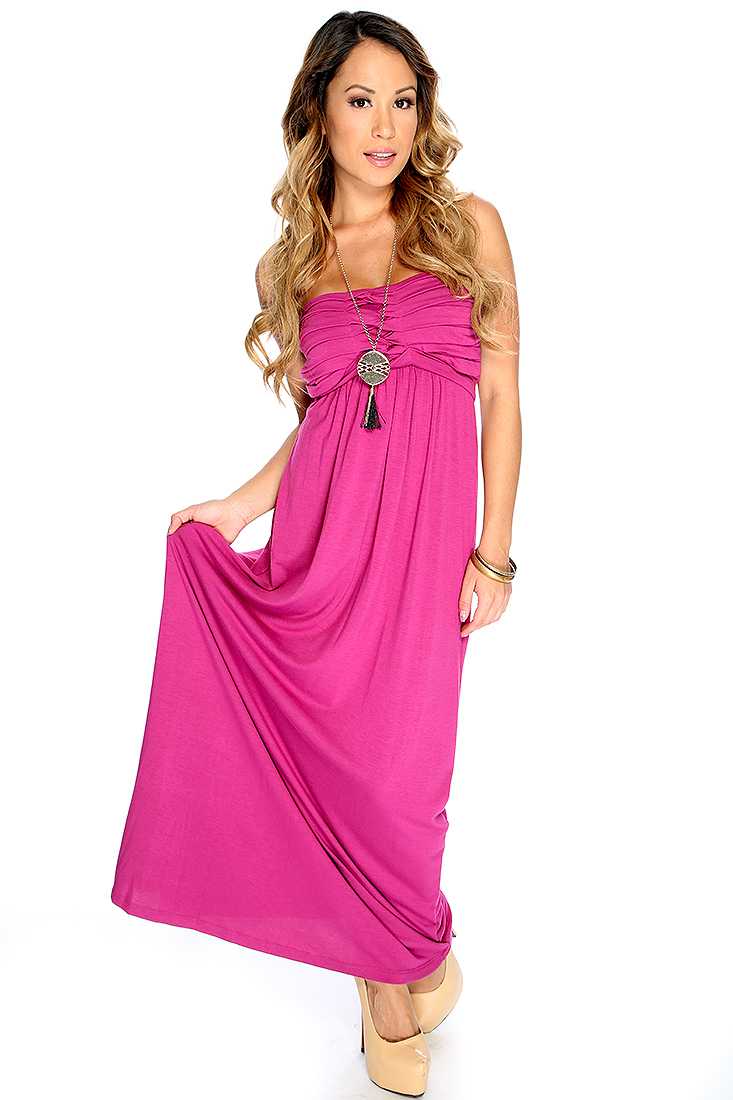 Sexy Magenta Strapless Pleated Causal Maxi Dress