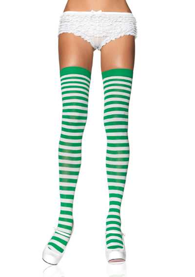 White Kelly Green Nylon Striped Stockings