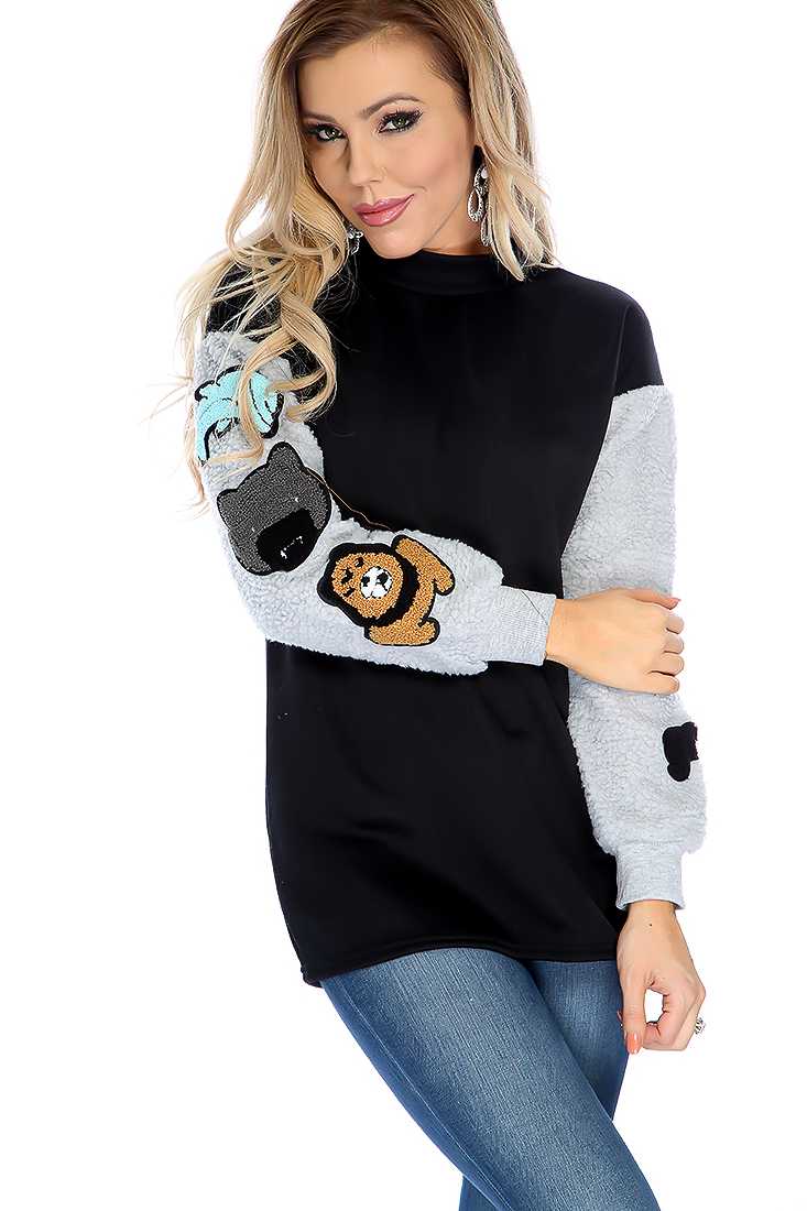 Black Animal Patches Pull Over Sweater