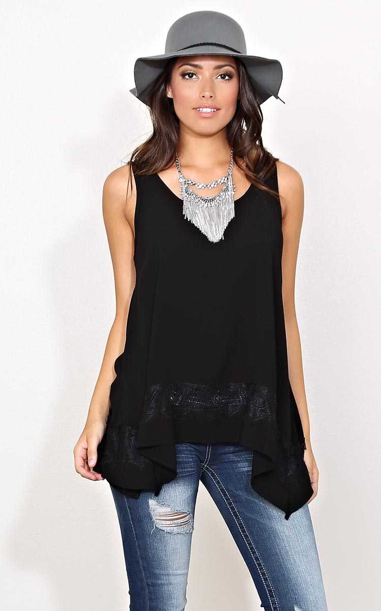 Leila Lace Inset Woven Tank - SML - Black in Size Small by Styles For Less