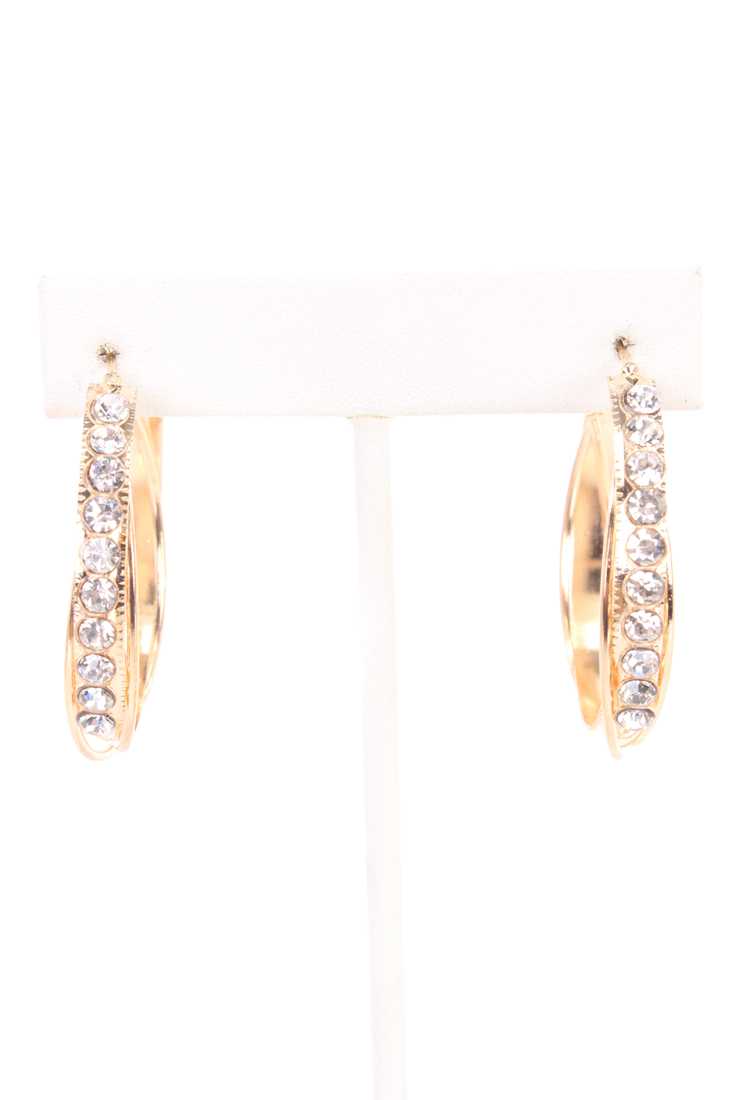 Gold Overlapping Rhinestone Accent High Polish Metal Earrings