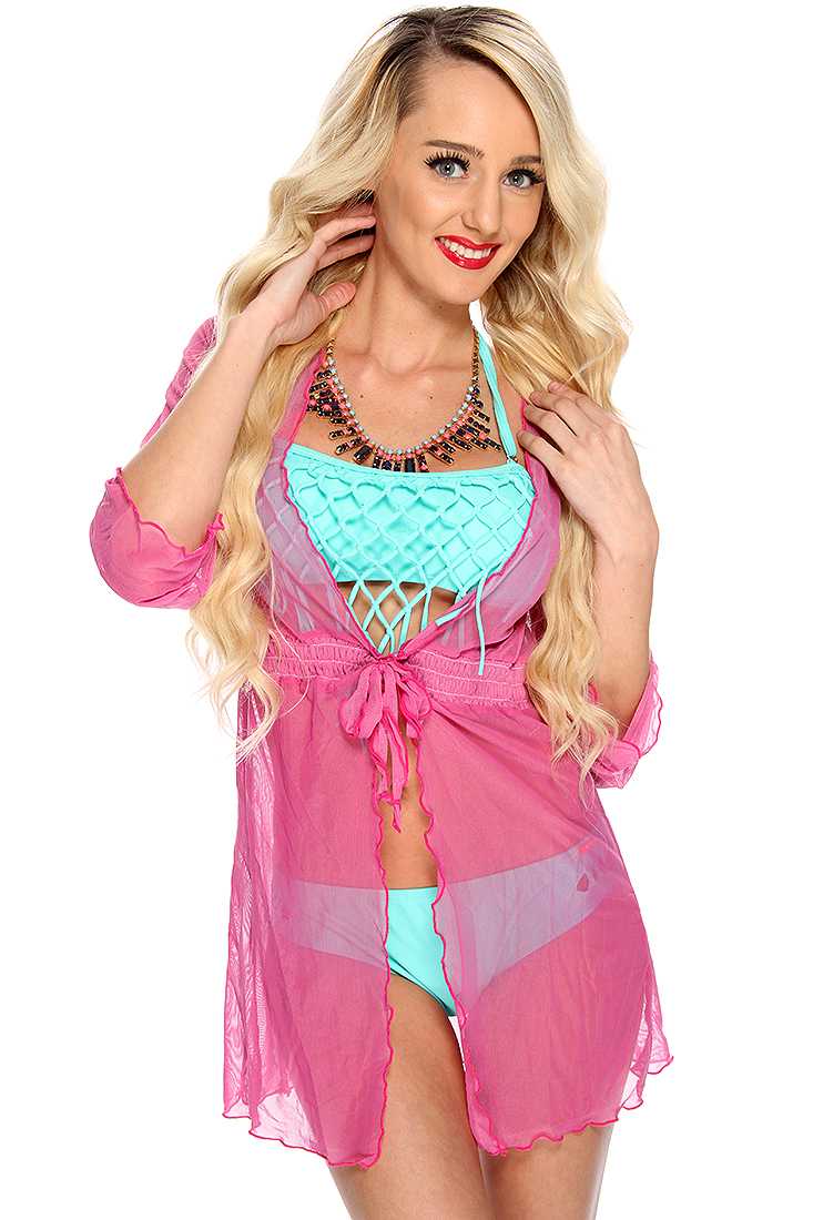 Fuchsia Quarter Sleeves Swimsuit Robe Coverup