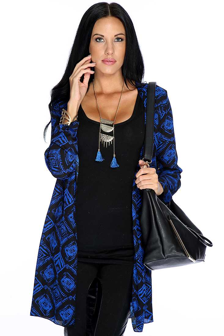 Royal Blue Black Tribal Print Open Front Lightweight Fabric Kimono