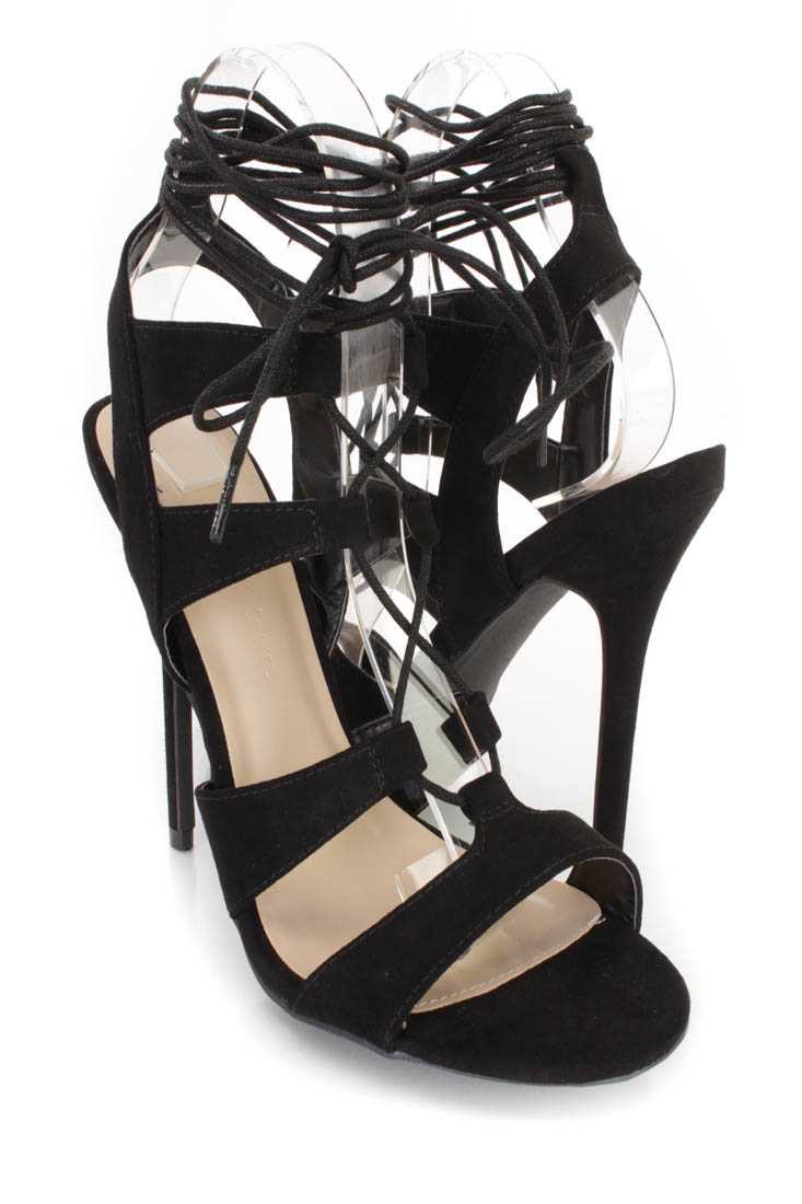 Black Peep Toe Lace Up Single Sole Heels Faux Suede