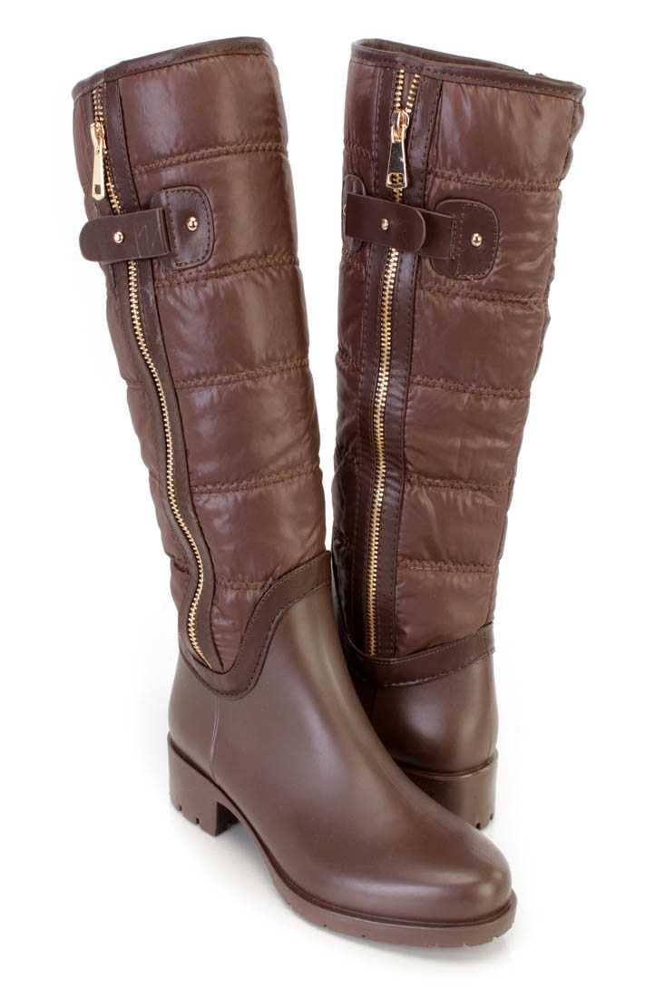 Brown Stitched Quilted Snow Boots Nylon Rubber