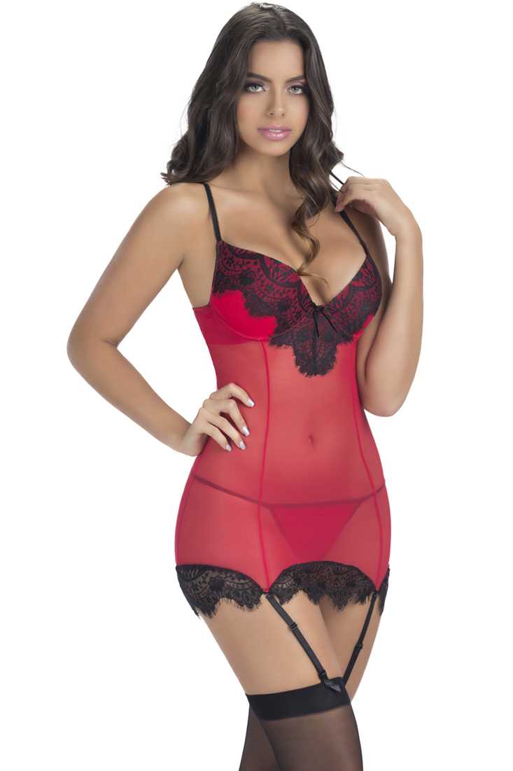 Red Black Lace Two Tone Chemise Sexy Lingerie 2Pc. Set