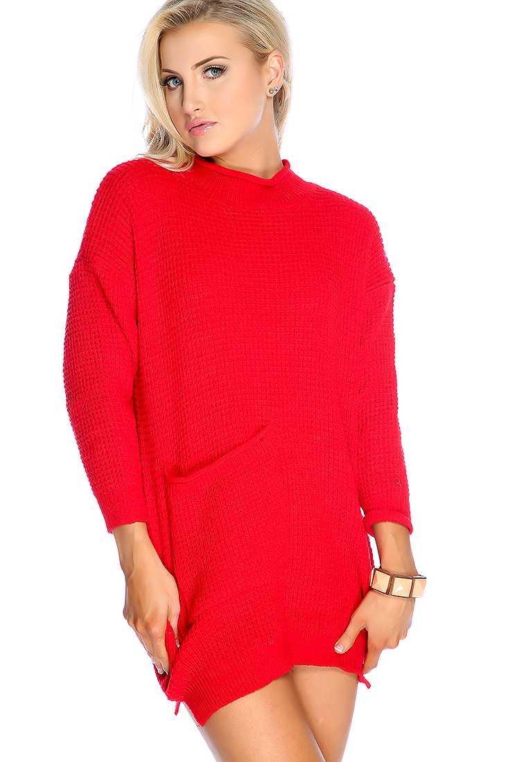 Red Long Sleeve Mock Neck Sweater Dress