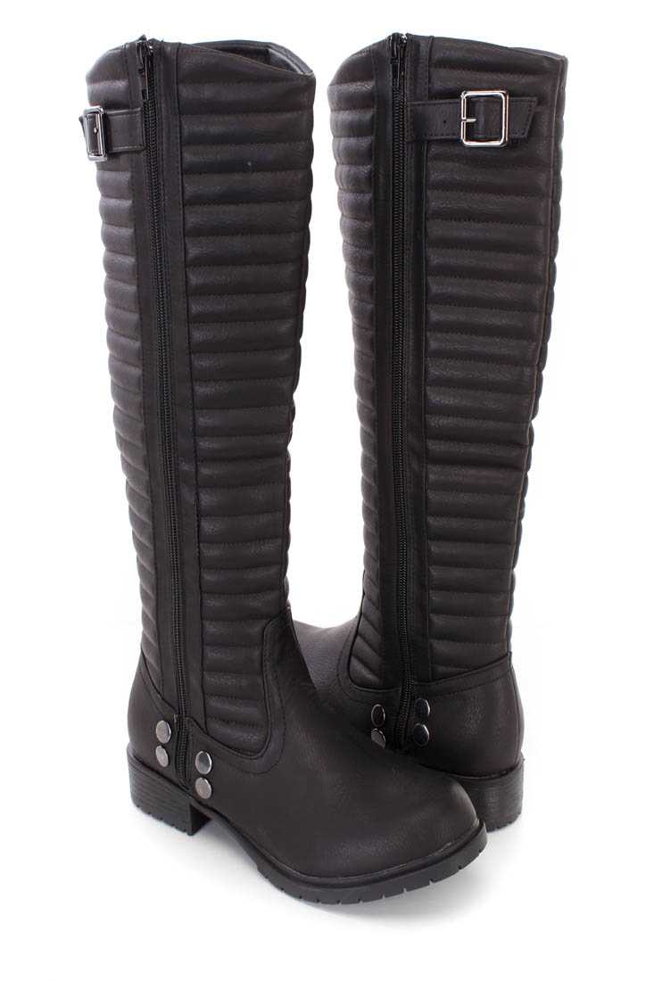 Black Stitched Shaft Riding Boots Faux Leather