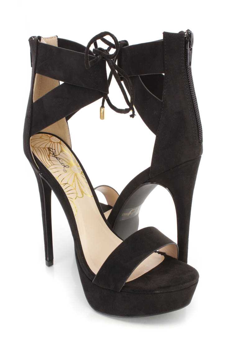 Black Strappy Ankle Platform High Heels Faux Suede