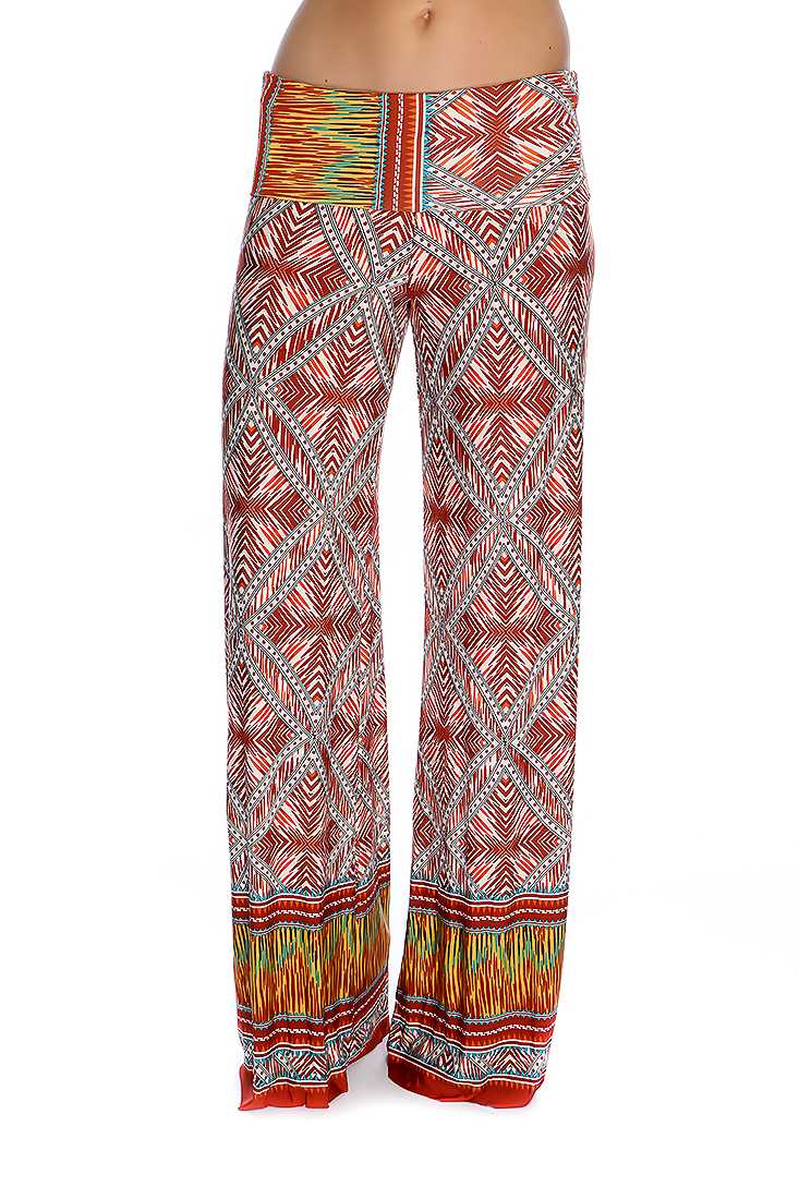 Rust White Geometric Print Wide Leg Cute Casual Pants