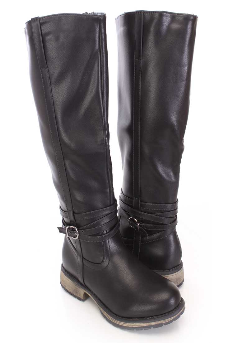 Black Knee High Riding Boots Faux Leather
