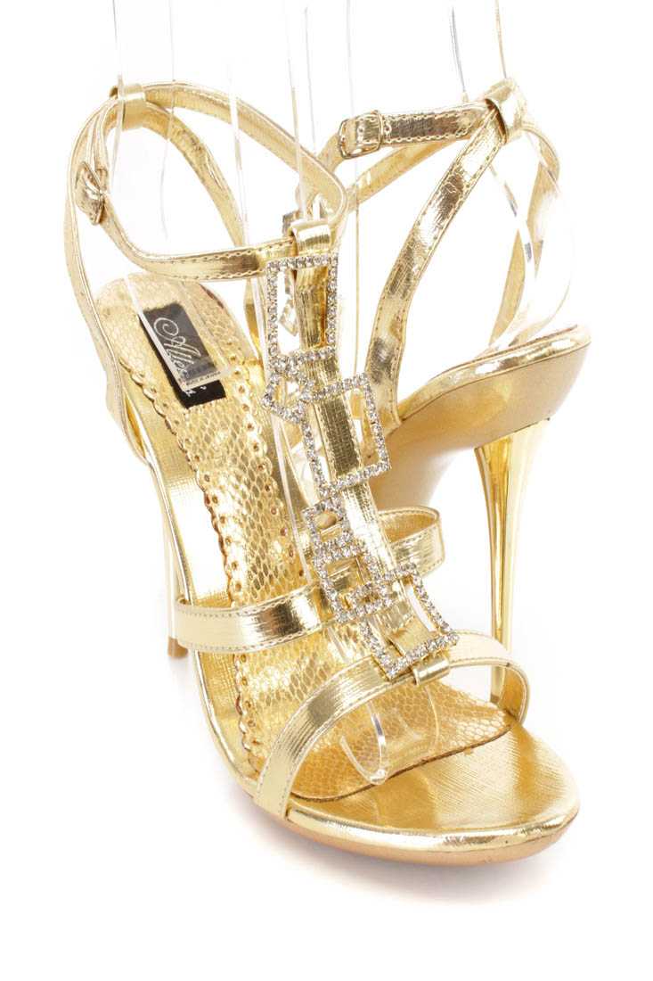 Gold Rhinestone Accent Strappy Heels Faux Leather