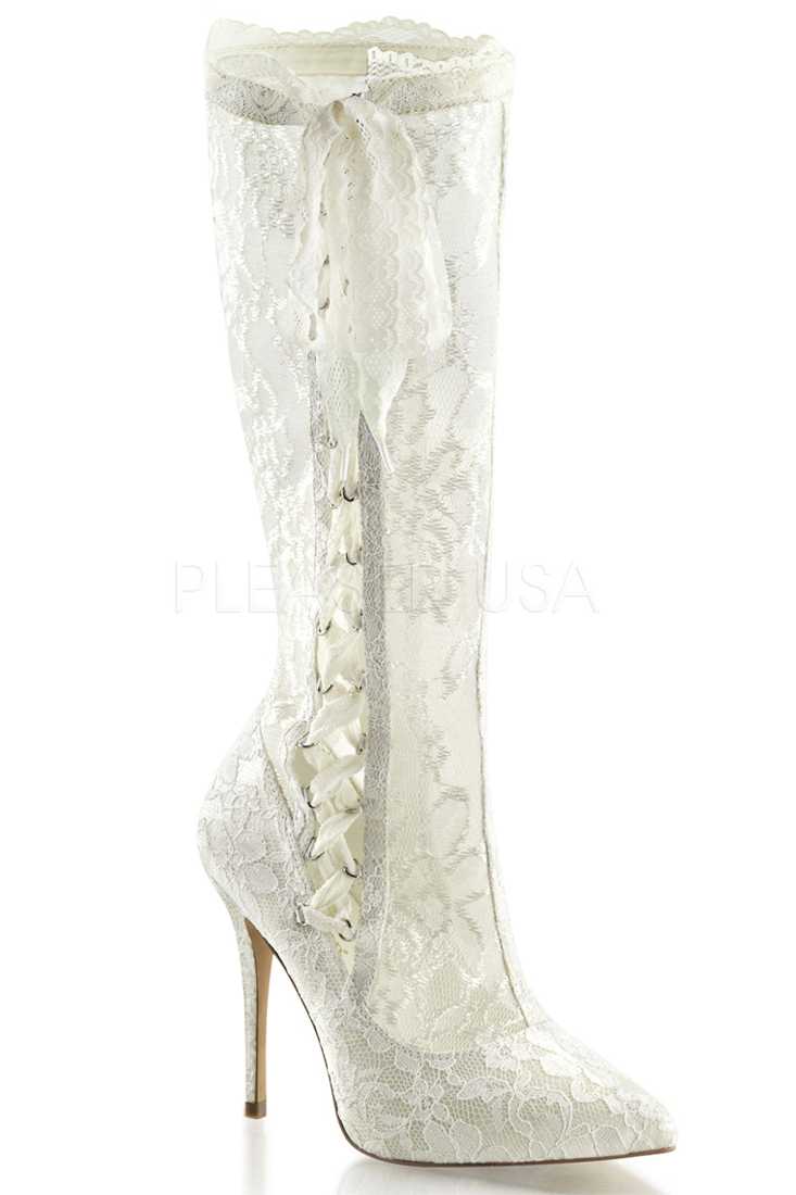 Ivory Satin Ribbon Lace Boots Mesh Lace