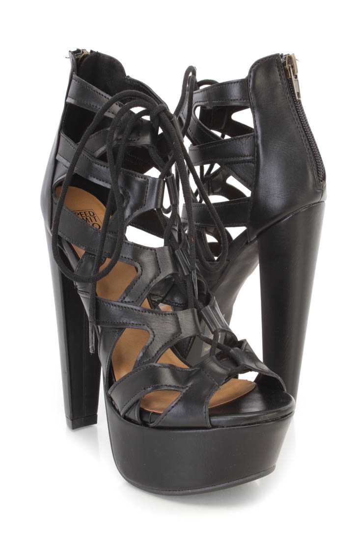 Black Cross Strappy Lace Up Chunky High Heels Faux Leather