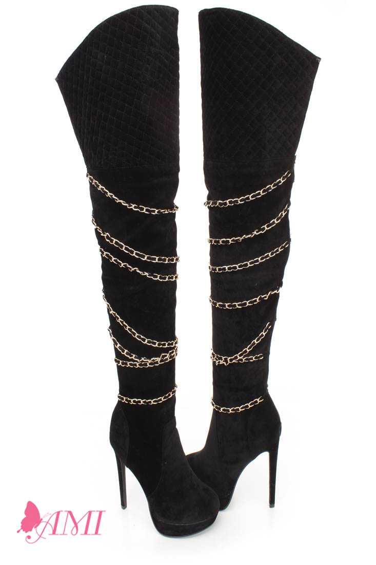 Black Stitched Chain Strappy Thigh High Heel Boots Faux Suede