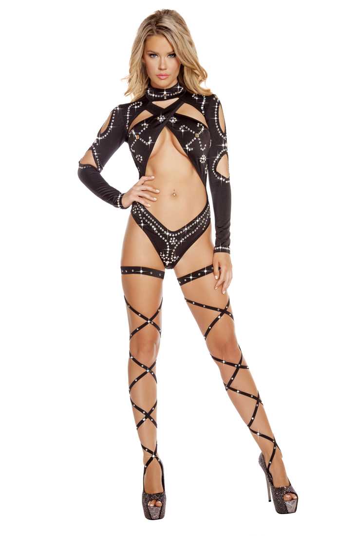 Black Open Criss Cross Romper with Rhinestones