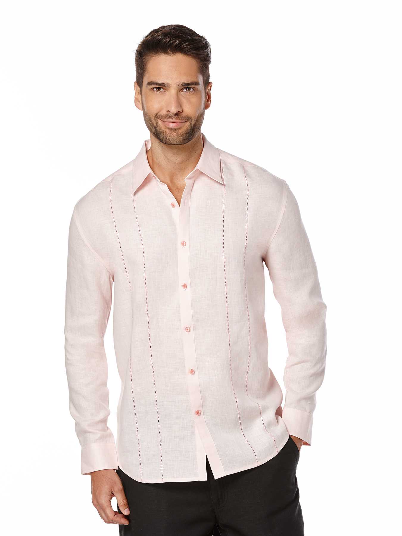 Cubavera 100% Linen Long Sleeve Panel with Embroidery Shirt