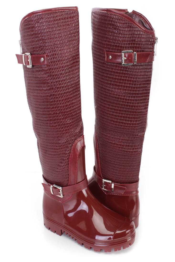 Wine Textured Knee High Boots Patent Faux Leather