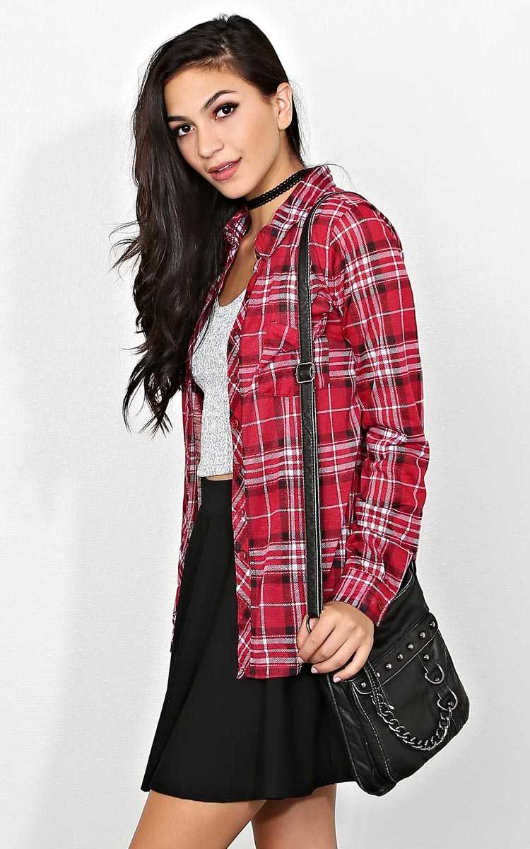 Total Grunge Knit Plaid Top - SML - Red Combo in Size Small by Styles For Less