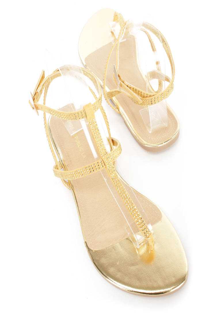 Gold Rhinestone Strappy Thong Sandals Faux Suede