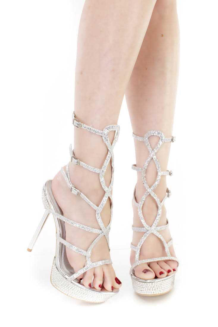 Silver Strappy Rhinestone Platform High Heels Glitter