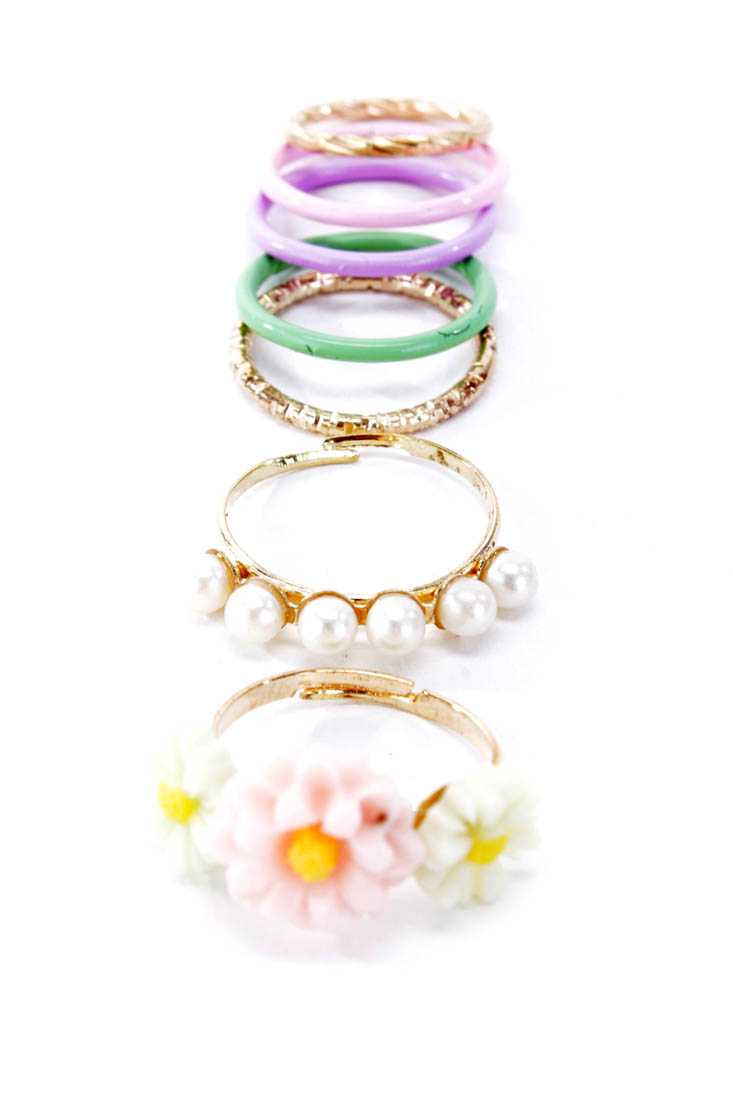 Pink Gold Flower Pearl Detail Colorful Ring Set