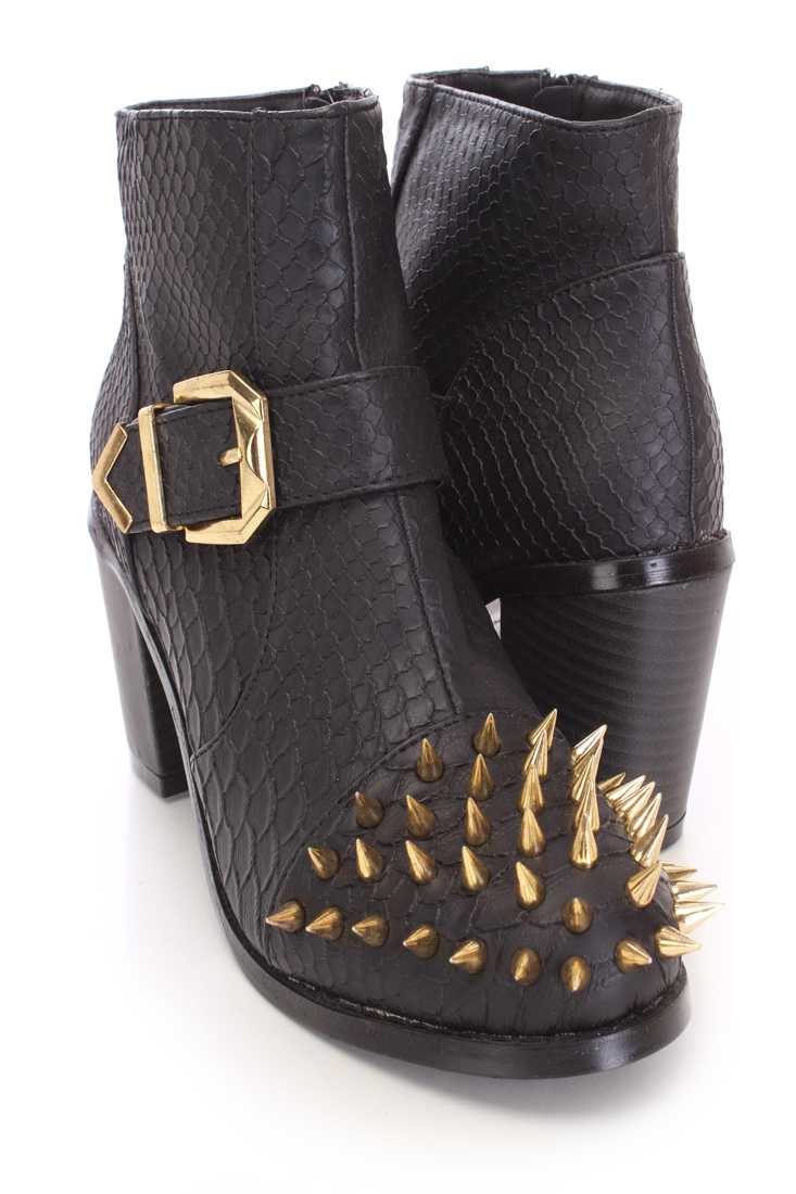 Black Spike Studed Ankle Booties Faux Croc