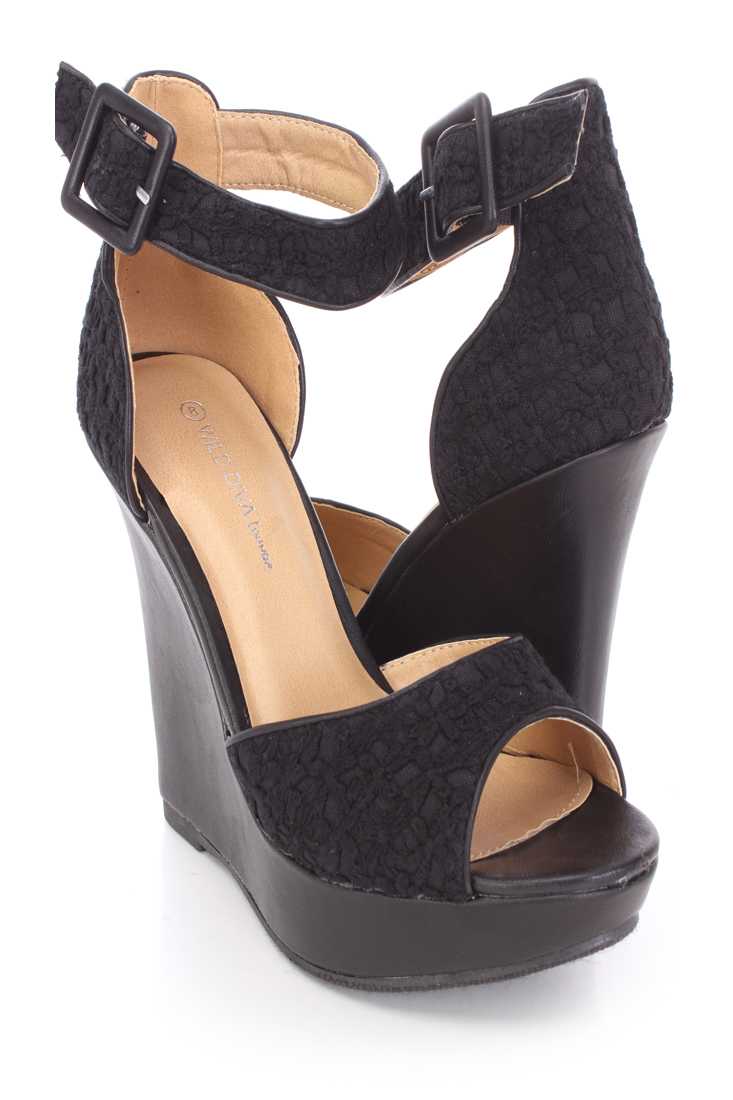 Black Peep Toe Platform Wedges Crochet Fabric