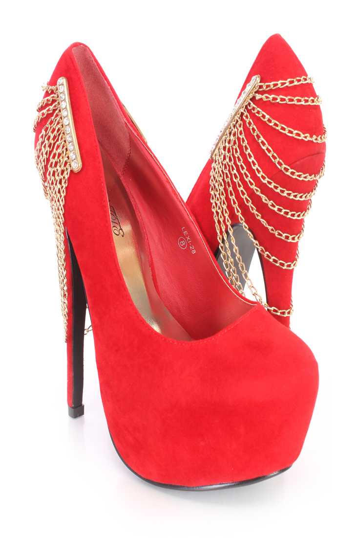 Red Chain Draped Platform Pump Heels Nubuck