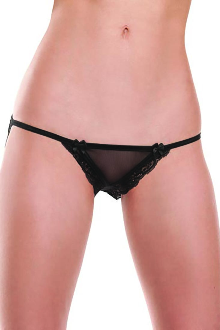 Black Bow Detail Lace Trim Crotchless Jock String