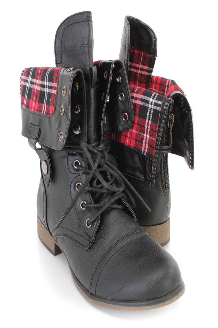 Black Lace Up Combat Boots Faux Leather