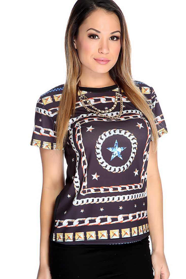 Black Star Chain Print Short Sleeve Top