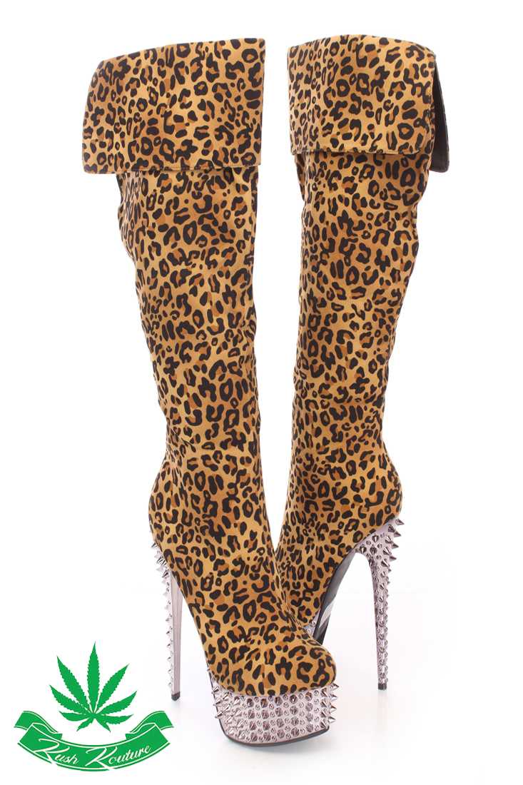 Leopard Print Spiked Knee High Boots Faux Suede