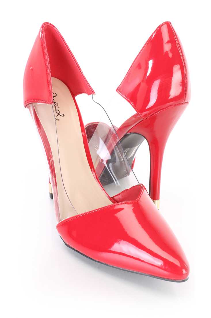 Red Pointed Single Soles High Heels Patent Faux Leather