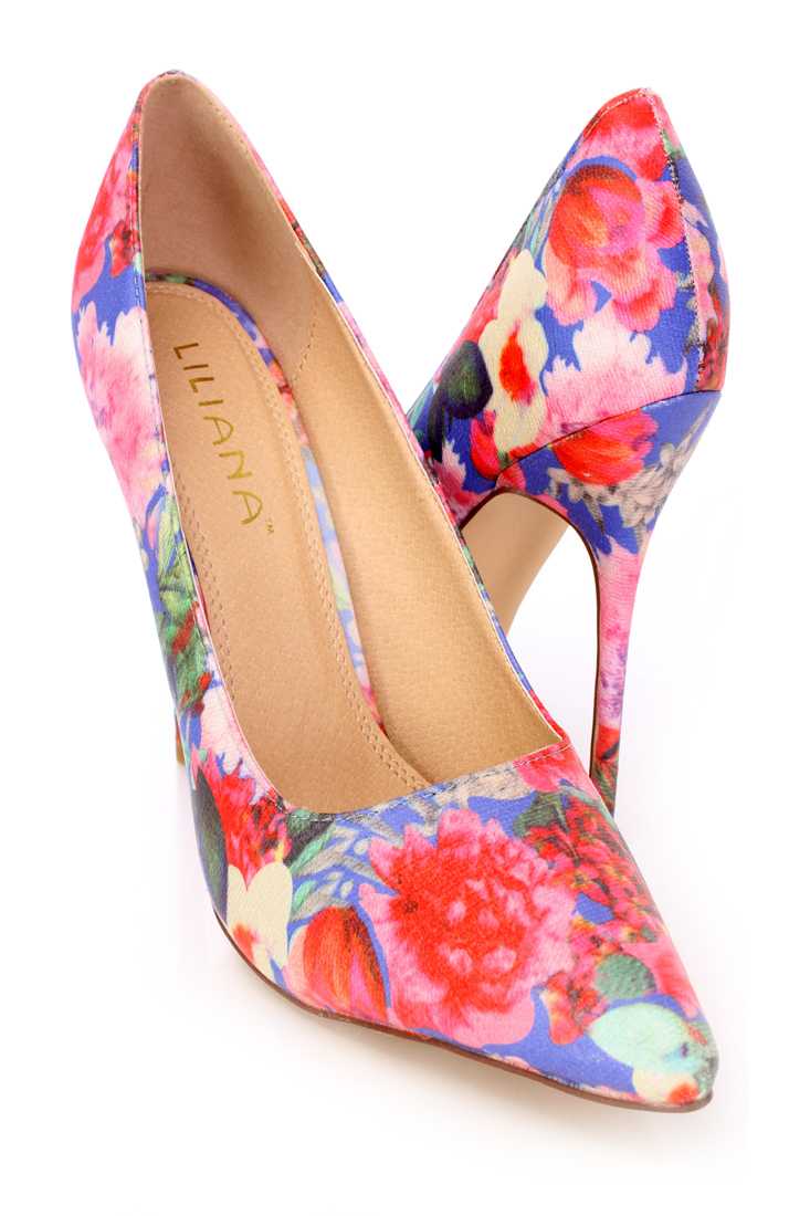 Blue Floral Printed Single Sole Pump High Heels Fabric