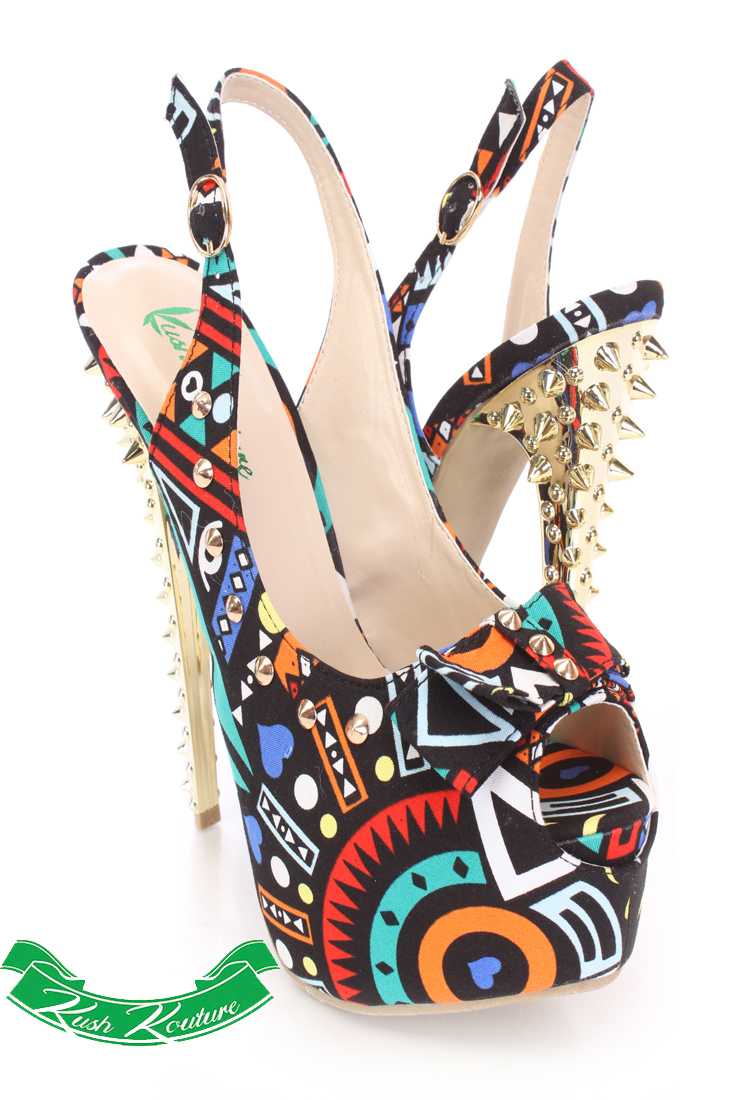 Black Studded Peep Toe Slingback High Heels Canvas