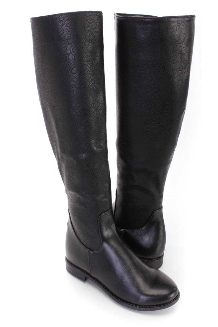 Black Paisley Embossed Knee High Boots Faux Leather