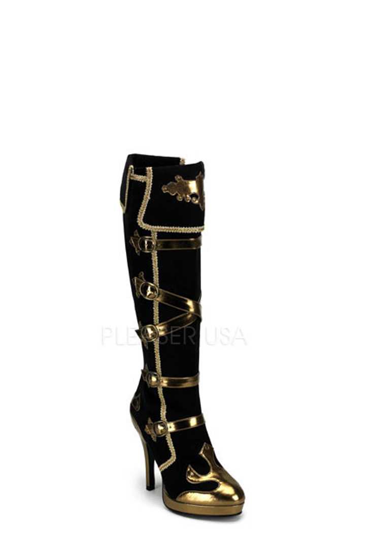 Black Gold Strappy Boots Faux Suede Leather