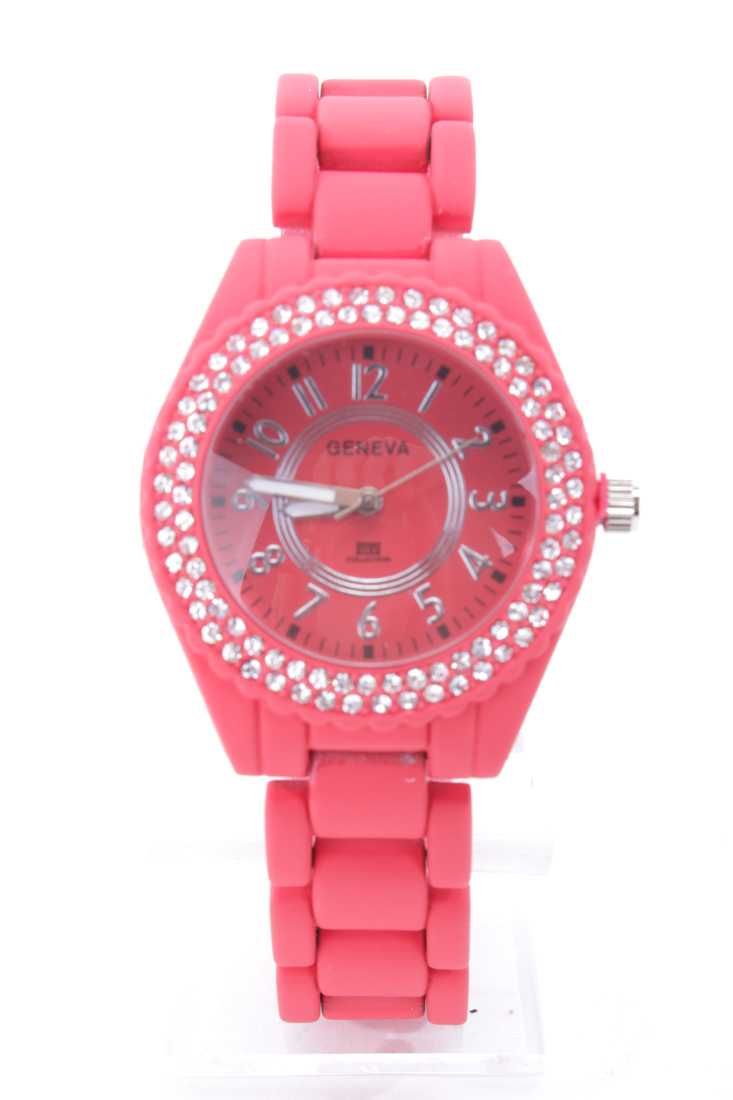 Red Rhinestone Round Frame Rubber Band Watch