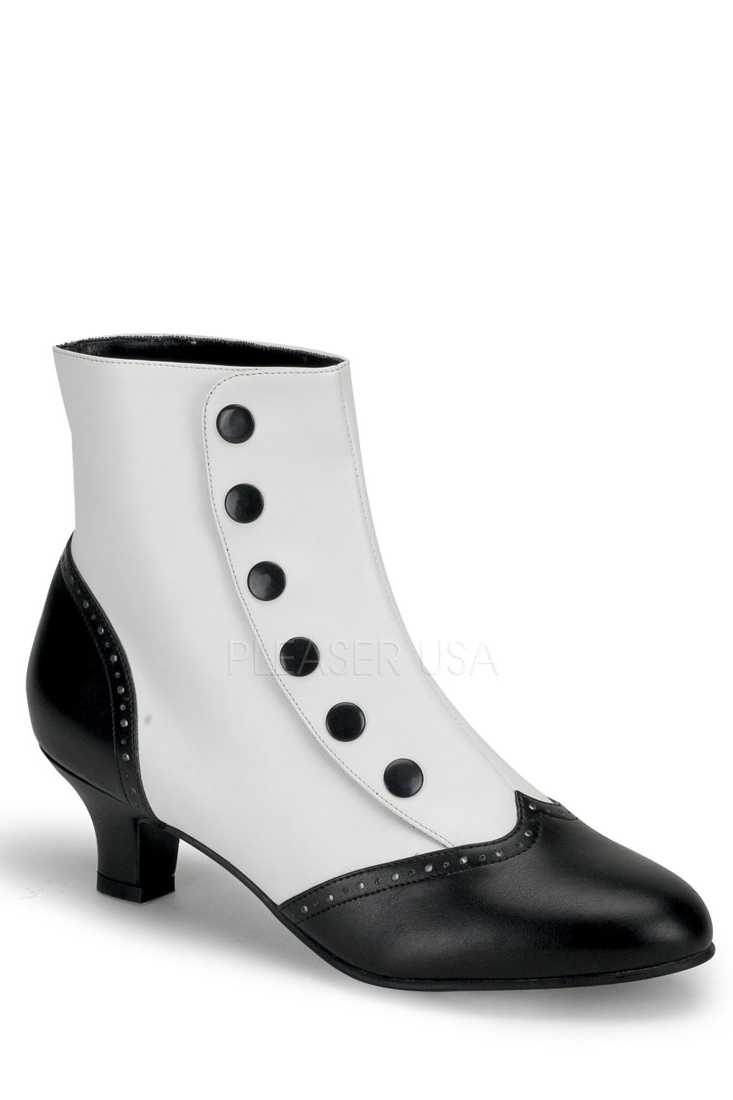 White Black Two Tone Button Ankle Booties Faux Leather