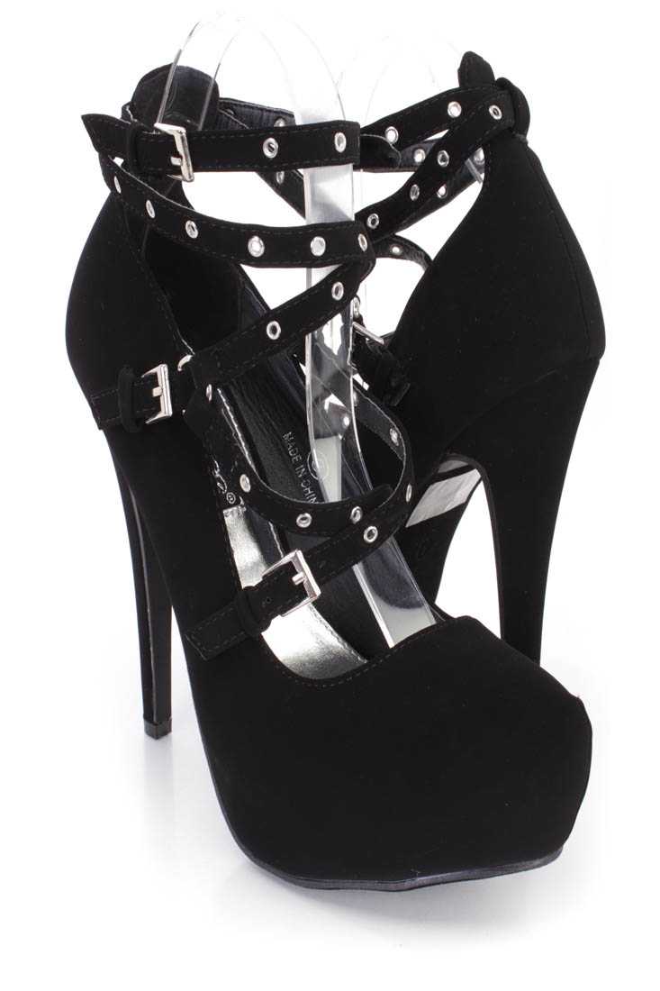 Black Grommet Strappy Platform High Heels Faux Suede