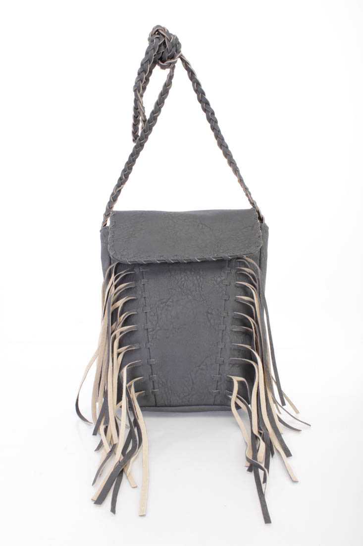 Grey Fringe Accent Faux Leather Messenger Handbag