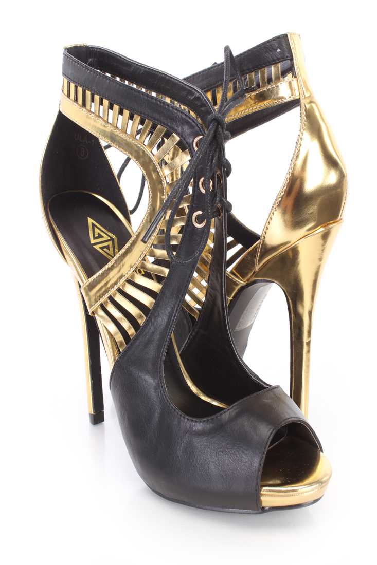 Black Two Tone Lace Up Bootie Heels Faux Leather